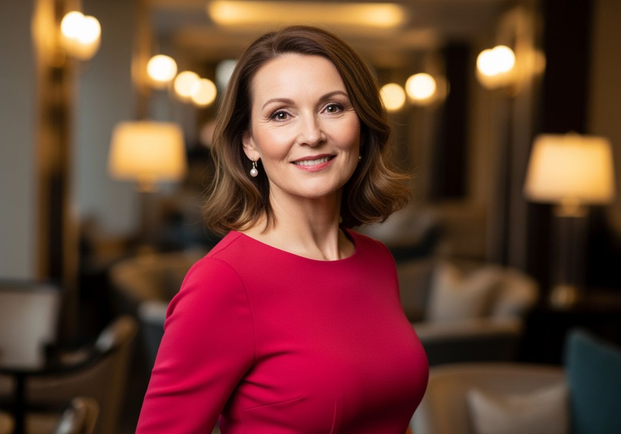 Elegancka kobieta w średnim wieku w sukience stojąca w przytulnym, ciepło oświetlonym salonie.