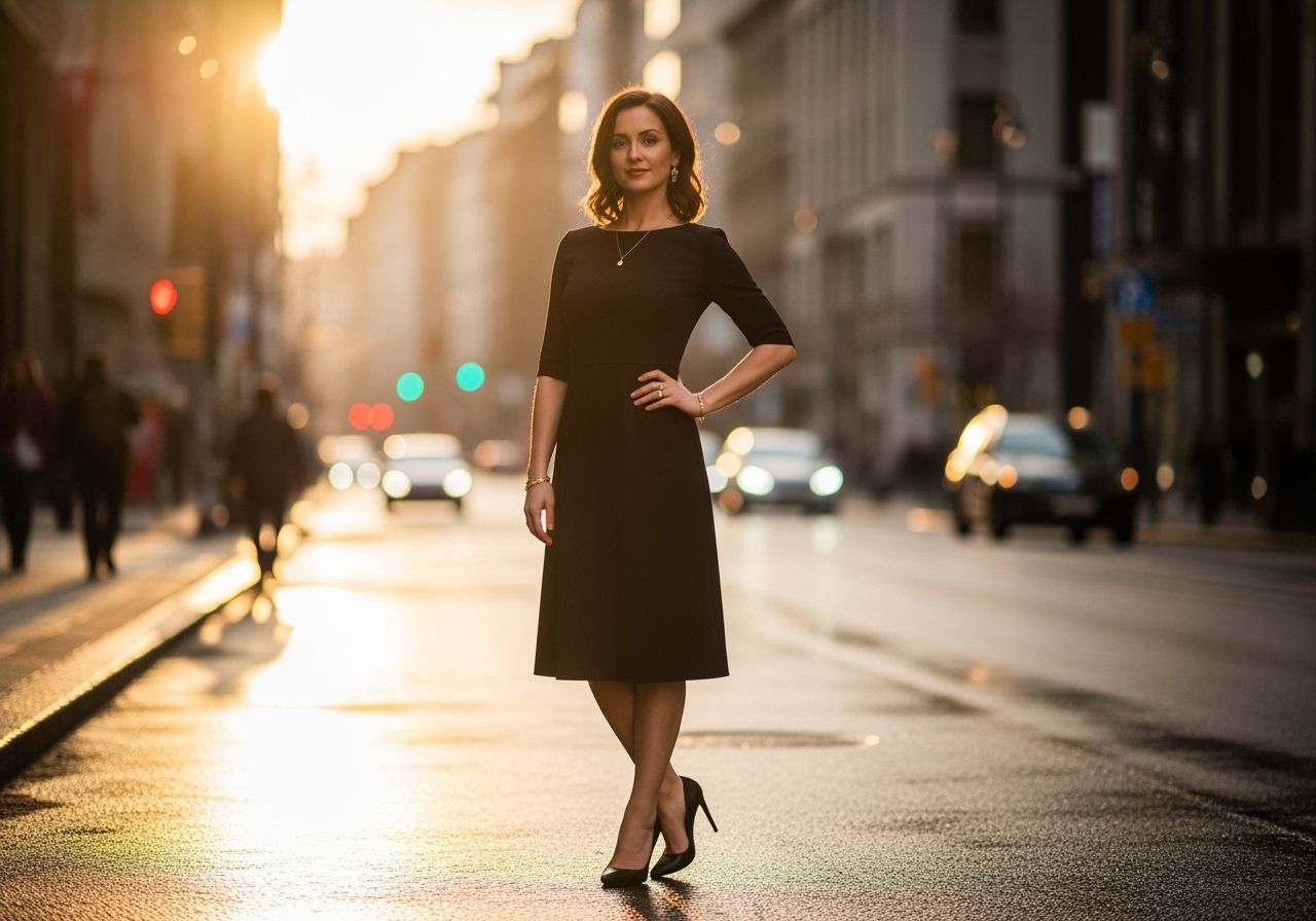 Kobieta w małej czarnej sukience stoi na ulicy miasta podczas złotej godziny w ciepłym świetle.