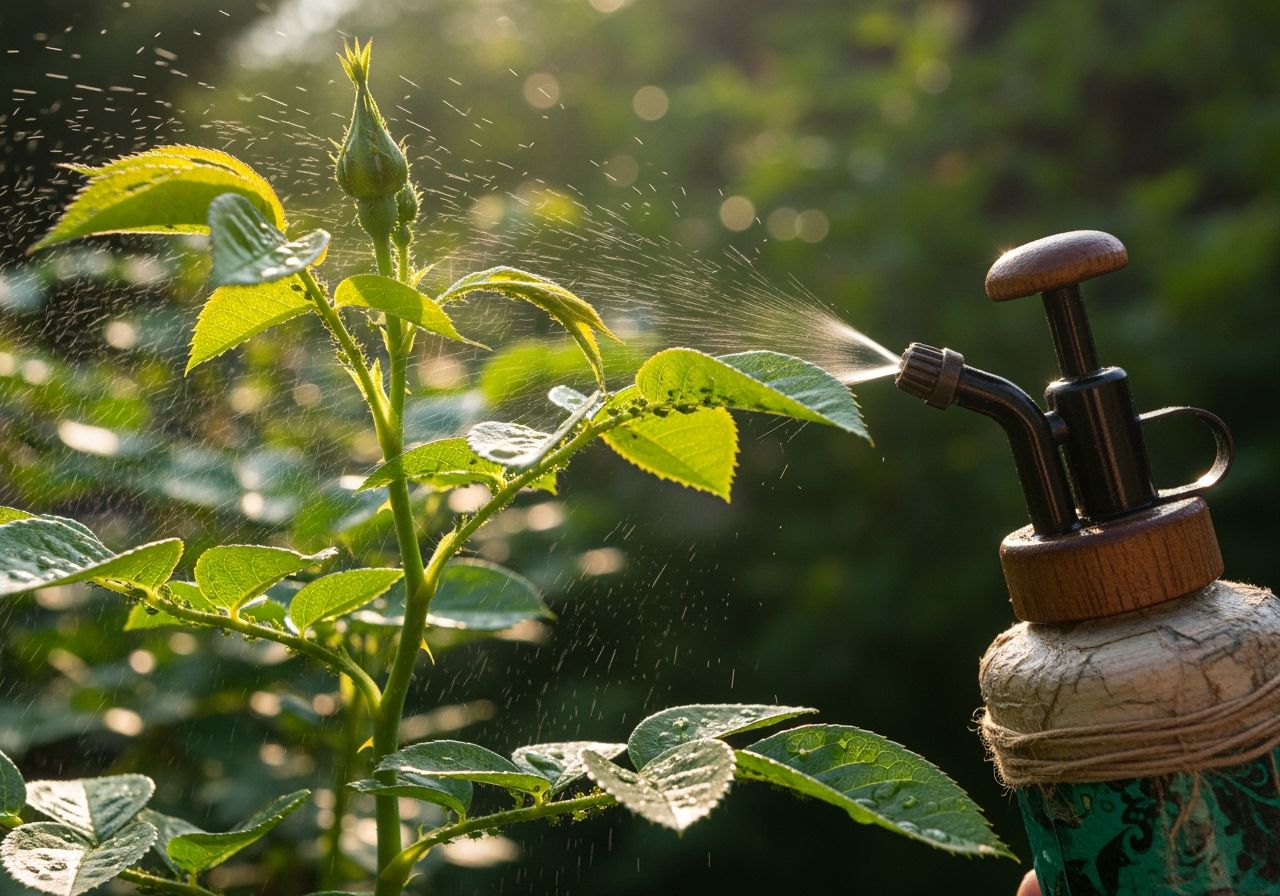 Zbliżenie zielonej róży z mszycami i ręczny spray z naturalnym preparatem w ogrodzie rano