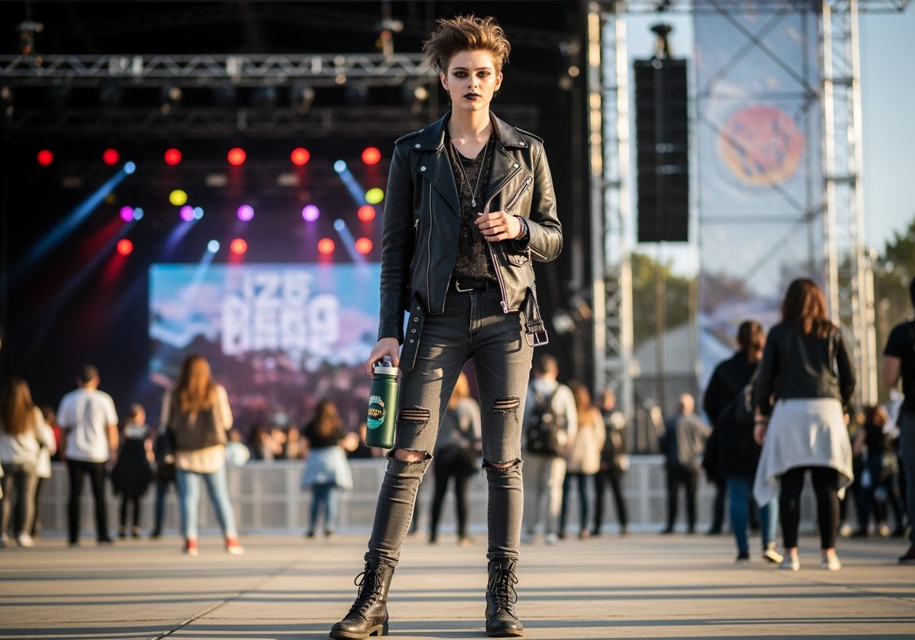 Młoda osoba na koncercie rockowym w czarnej kurtce, trzyma butelkę i stoi przed sceną z tłumem.