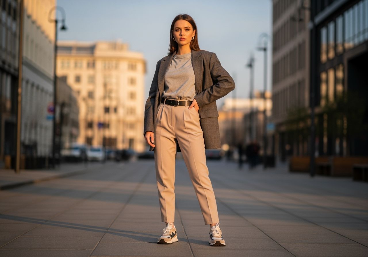 Młoda kobieta w modnej stylizacji stoi w miejskim otoczeniu podczas złotej godziny.