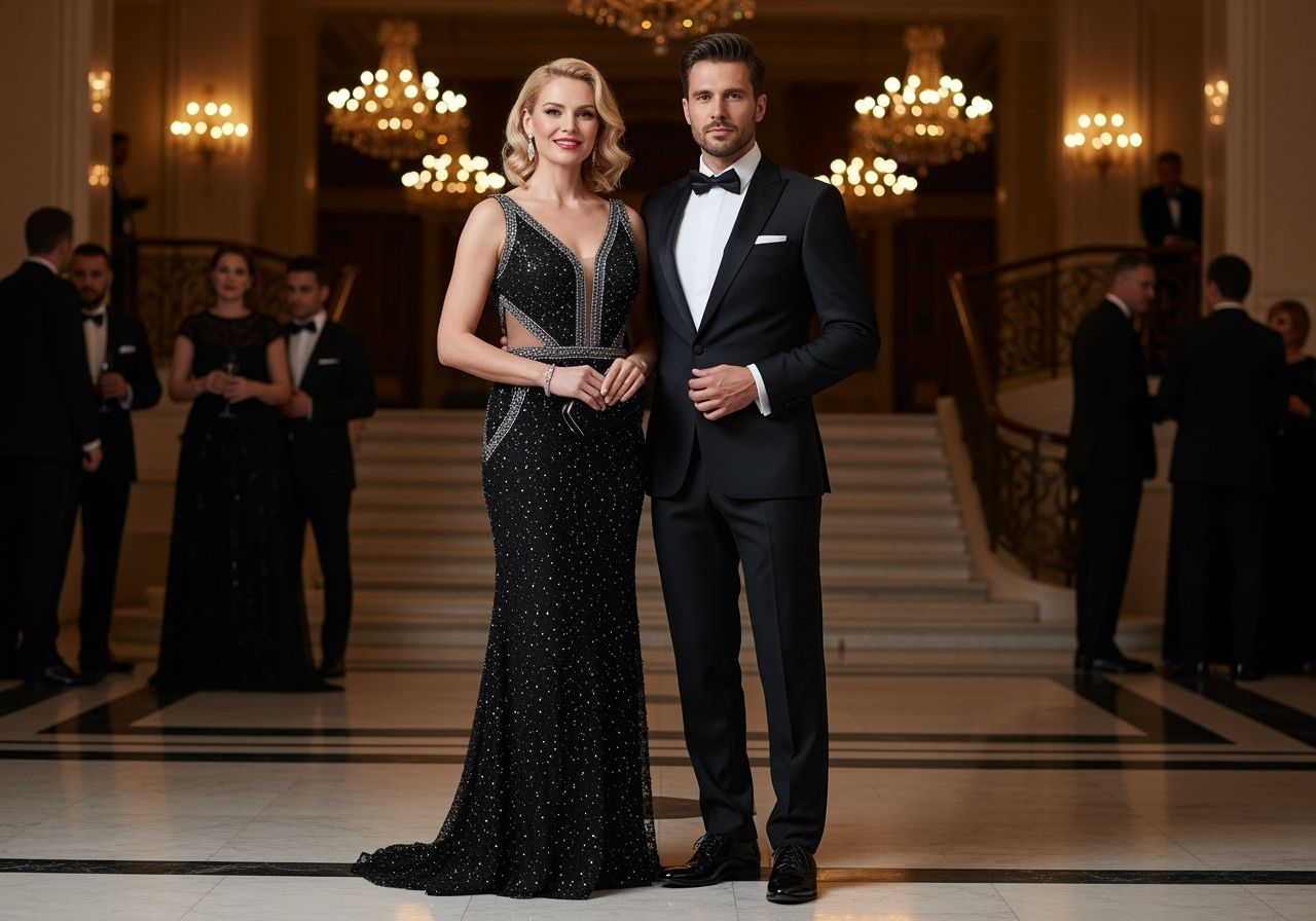 Para w eleganckich strojach wieczorowych na gali, z wyraźnym światłem i luksusowym tłem.