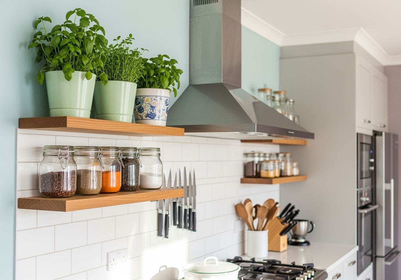 Nowoczesna kuchnia z białymi płytkami, drewnianymi półkami, ziołami i przyprawami w słoikach.