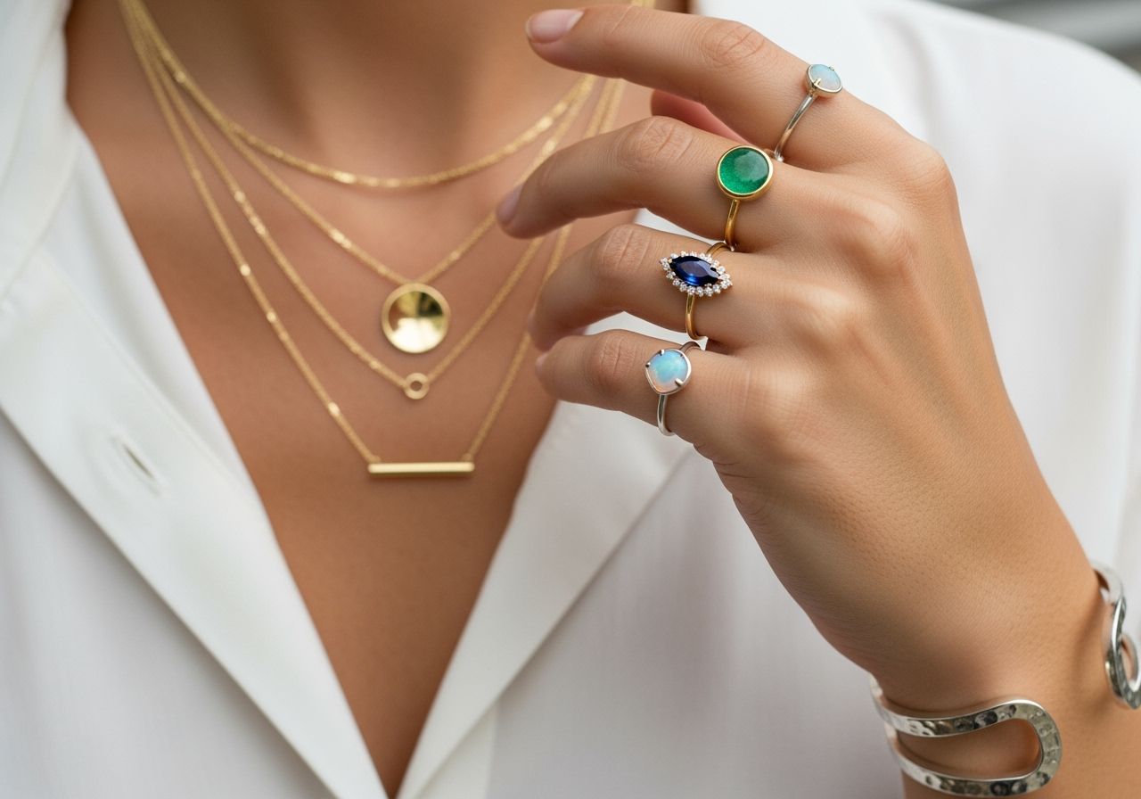 Zbliżenie dłoni kobiety z nowoczesną biżuterią: złote naszyjniki, pierścionki z kamieniami, srebrna bransoleta
