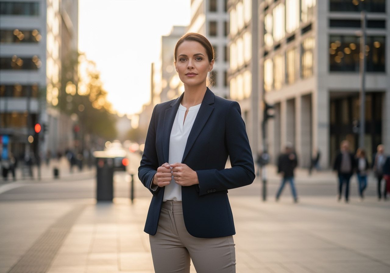 Elegancka kobieta w granatowej marynarce i jasnych spodniach stoi na ulicy miasta podczas złotej godziny
