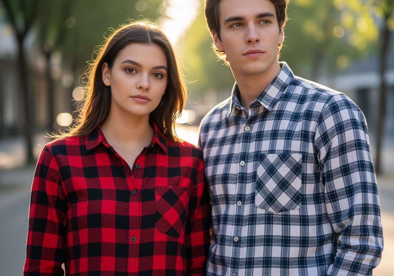 Młoda kobieta i mężczyzna na ulicy w koszulach w kratę, z wyraźną fakturą tkaniny w naturalnym świetle.