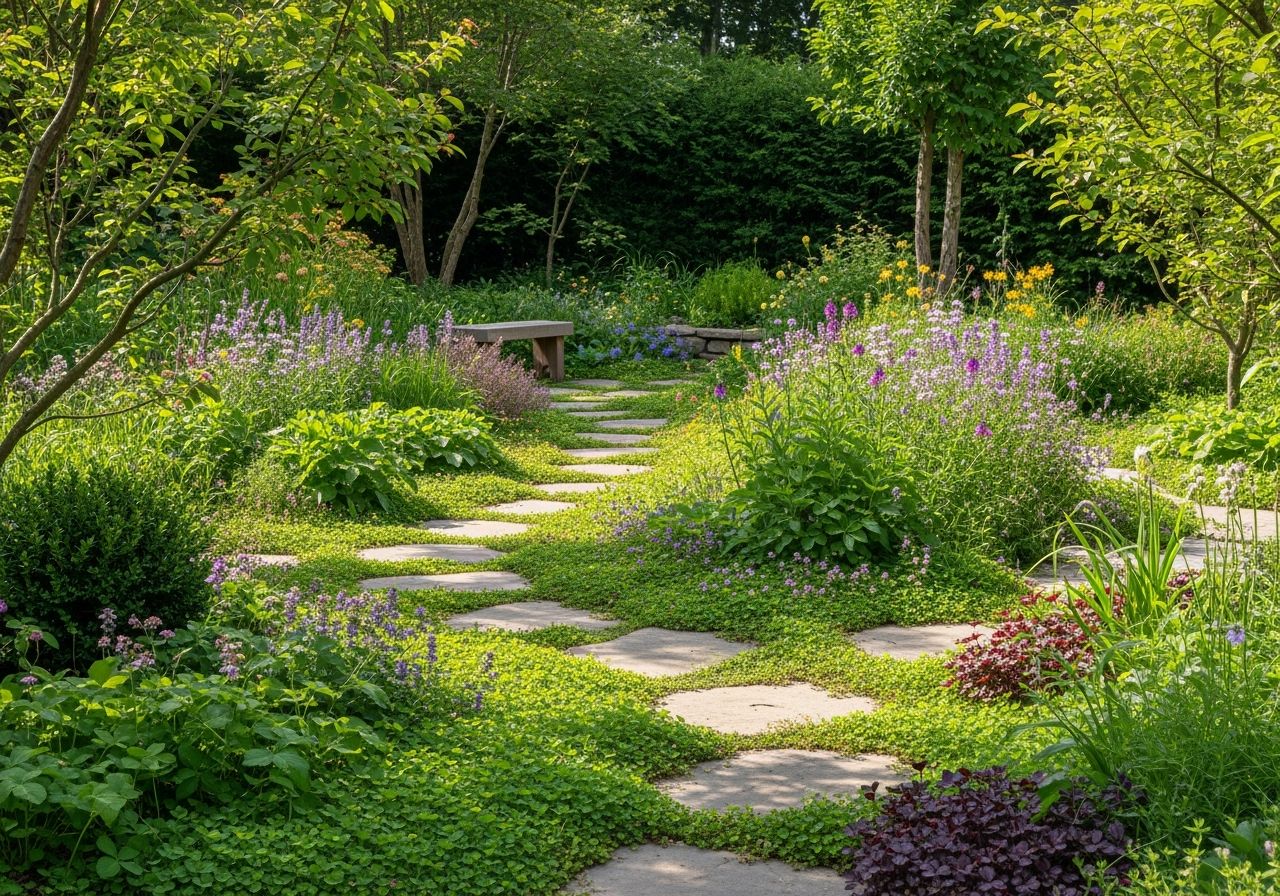 Ogród bez trawnika z różnorodnymi roślinami i kamiennymi ścieżkami wokół drewnianej ławki