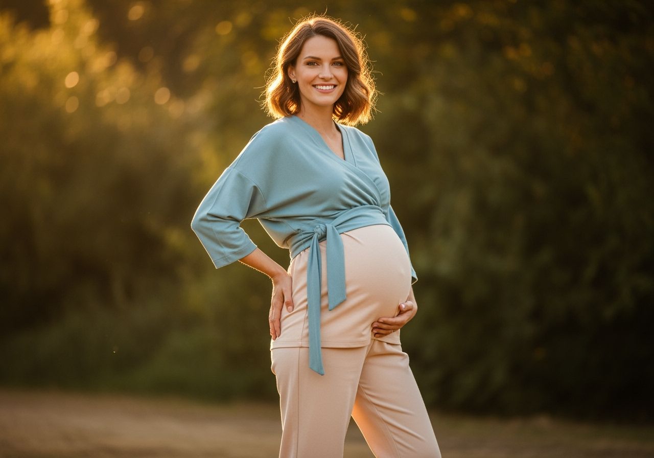 Kobieta w ciąży w wygodnym ubraniu ciążowym stoi na zewnątrz, uśmiechnięta, naturalne światło, pełna sylwetka