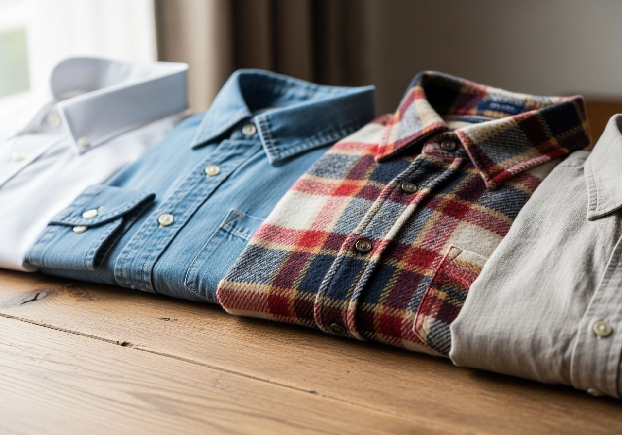 Różne koszule na drewnianym stole: biała, chambray, flanelowa i lniana, widoczne tekstury i detale materiałów