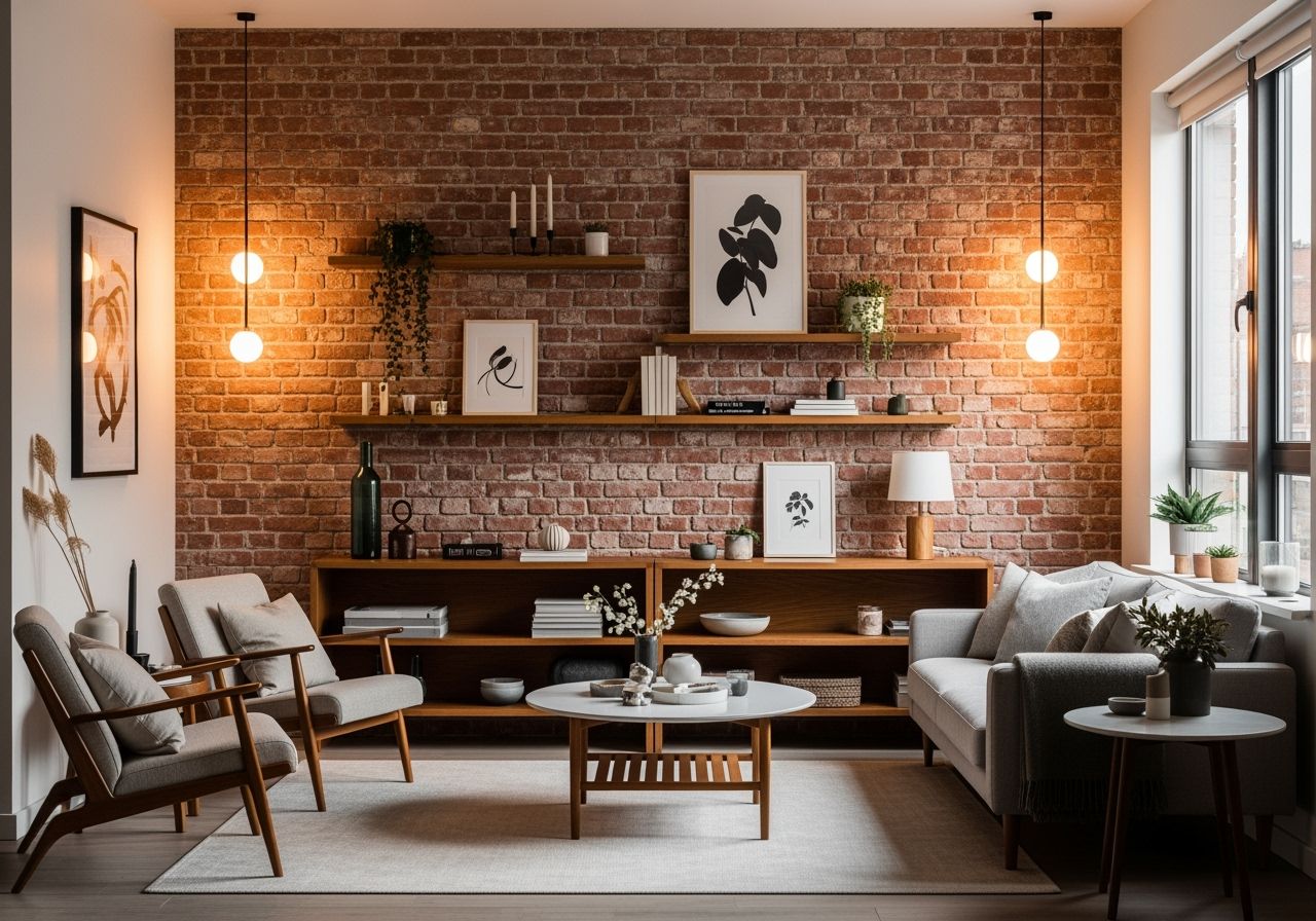 Przytulny nowoczesny salon z czerwoną ceglaną ścianą, drewnianymi półkami, sofą i dużymi oknami