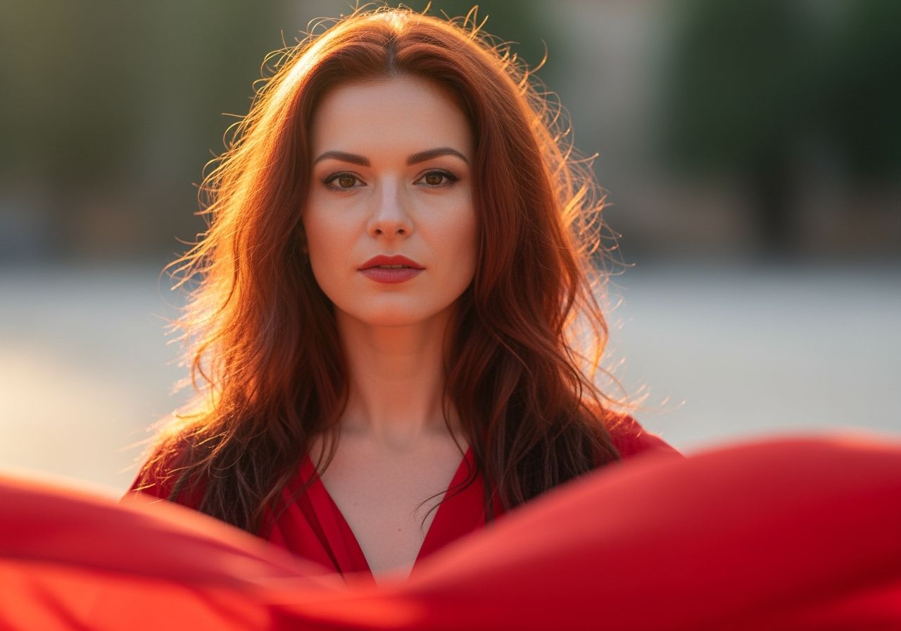 Portret kobiety z naturalnymi rudymi włosami w czerwonej sukni na tle naturalnego światła.