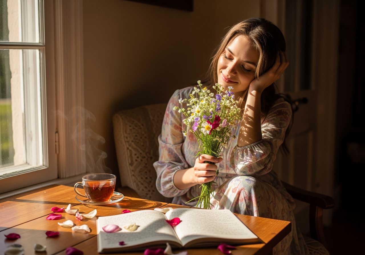 Młoda kobieta siedzi przy oknie z bukietem dzikich kwiatów i kubkiem herbaty w ciepłym, słonecznym wnętrzu.