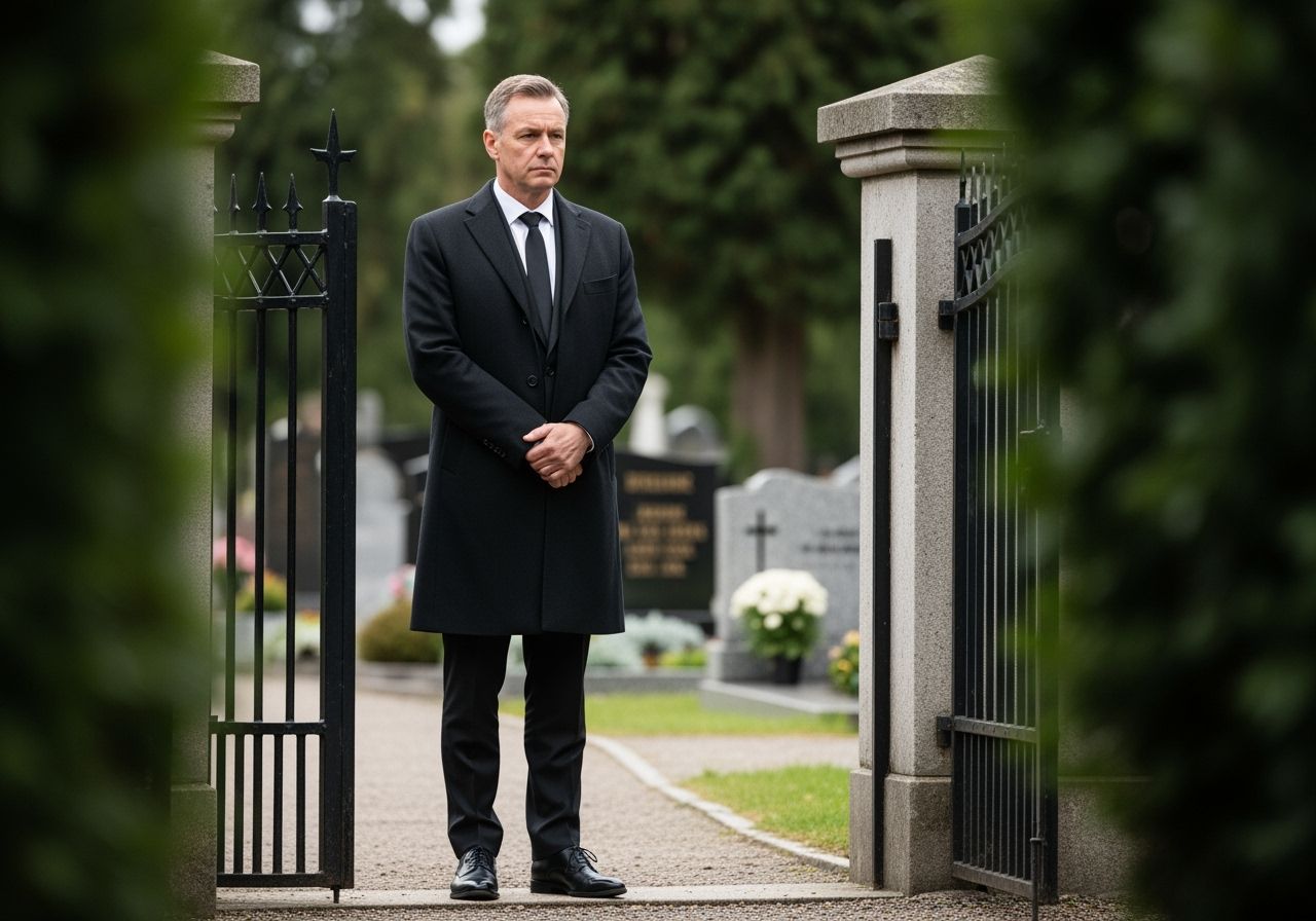 Mężczyzna w czarnym garniturze stoi przy wejściu na cmentarz na tle drzew i nagrobków.