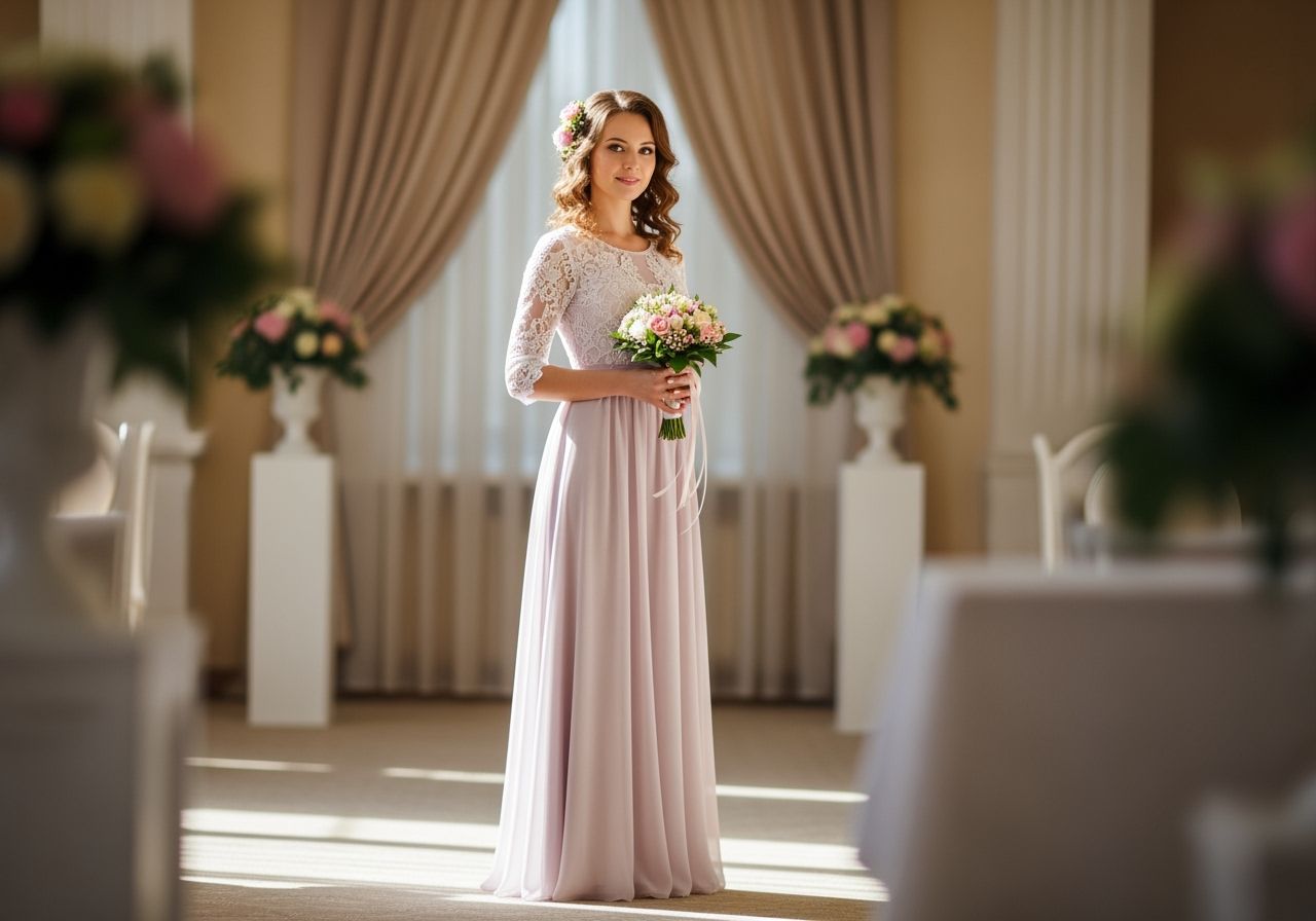 Druhna w pastelowej sukni z kwiatami we włosach trzyma bukiet na tle eleganckiej sali weselnej.