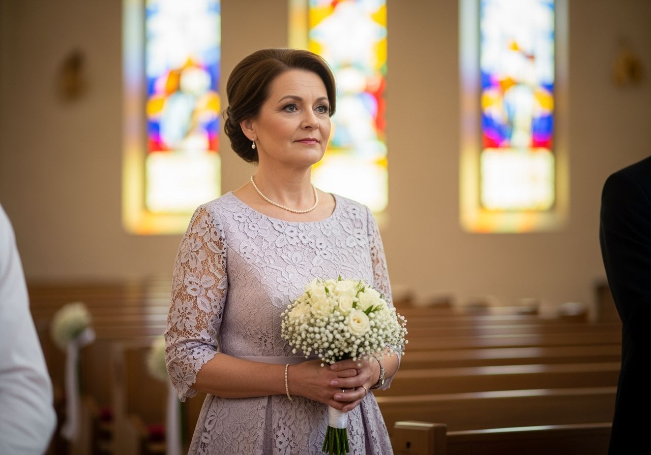 Elegancka matka chrzestna w pastelowej sukience z bukietem białych kwiatów w kościele podczas chrztu