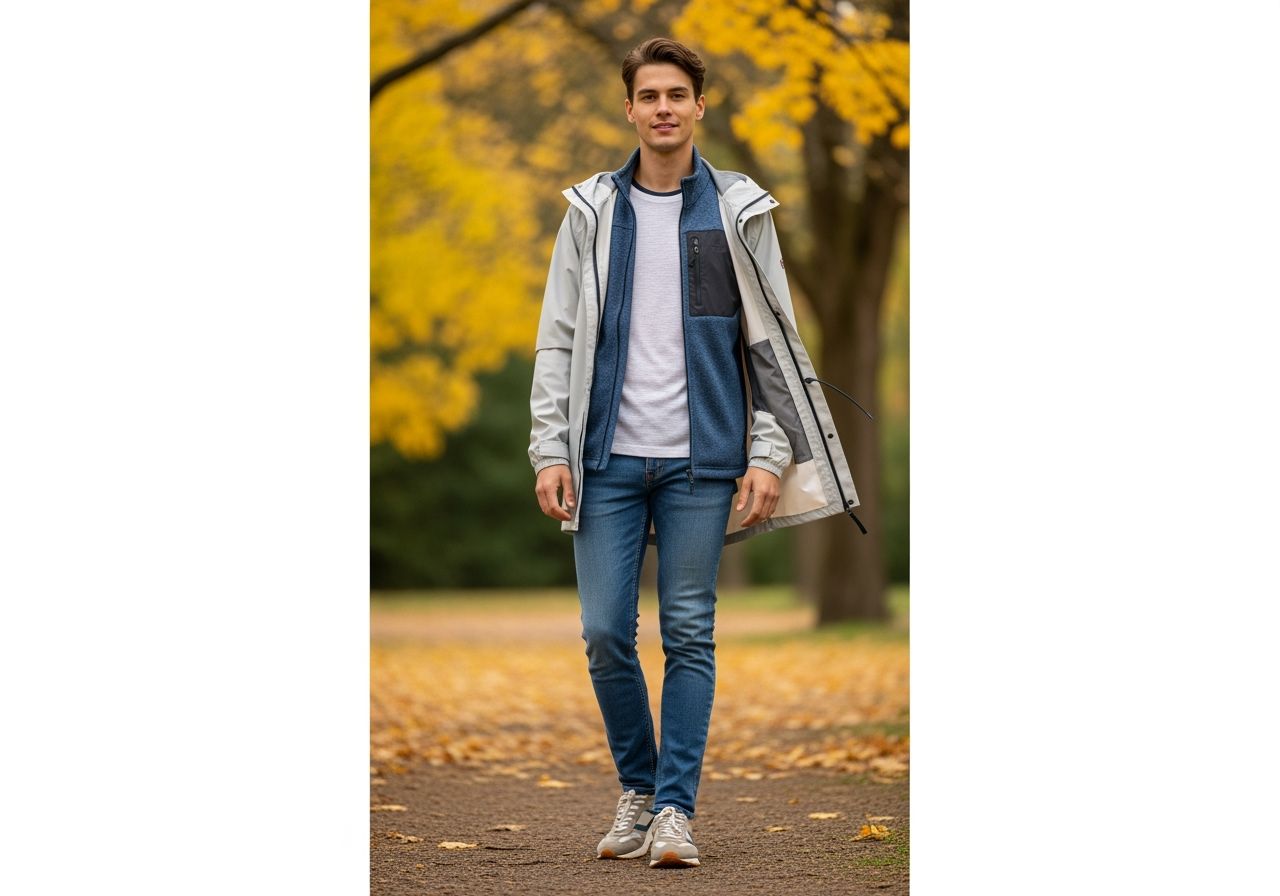 Młoda osoba w warstwowej odzieży jesiennej stoi w parku z rozmytymi żółto-pomarańczowymi liśćmi w tle