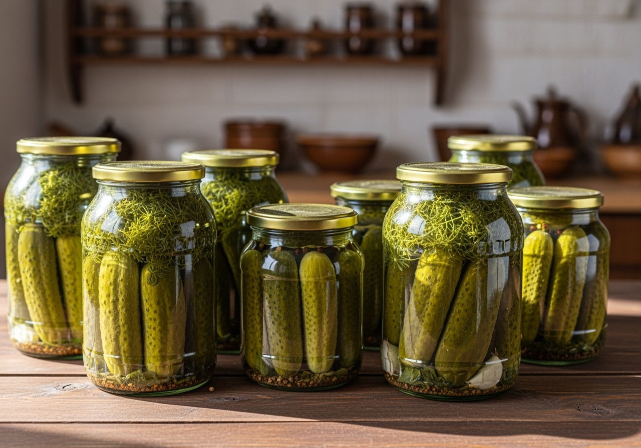 Słoiki z domowymi ogórkami kiszonymi na drewnianym stole w kuchni z naturalnym oświetleniem