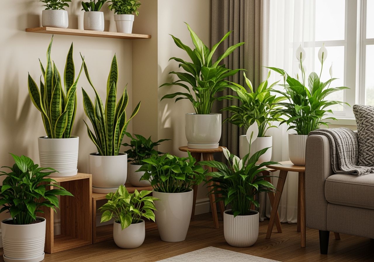 Rośliny doniczkowe na drewnianych półkach i stoliku w jasnym, przytulnym salonie z naturalnym światłem