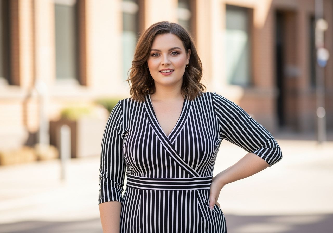 Plus size kobieta w modnej sukience midi w paski, pewna siebie na miejskim tle w naturalnym świetle.