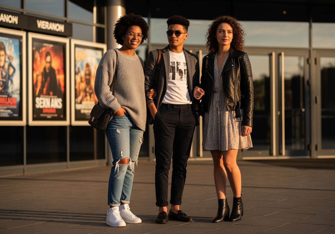 Trójka znajomych przed kinem o zmierzchu w modnych casualowych stylizacjach z filmowymi plakatami w tle