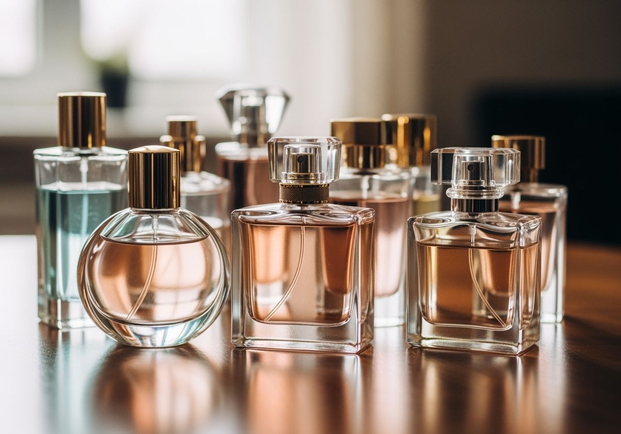Zbliżenie kolekcji damskich perfum na drewnianym stole, odbicia szkła i różne kształty flakonów