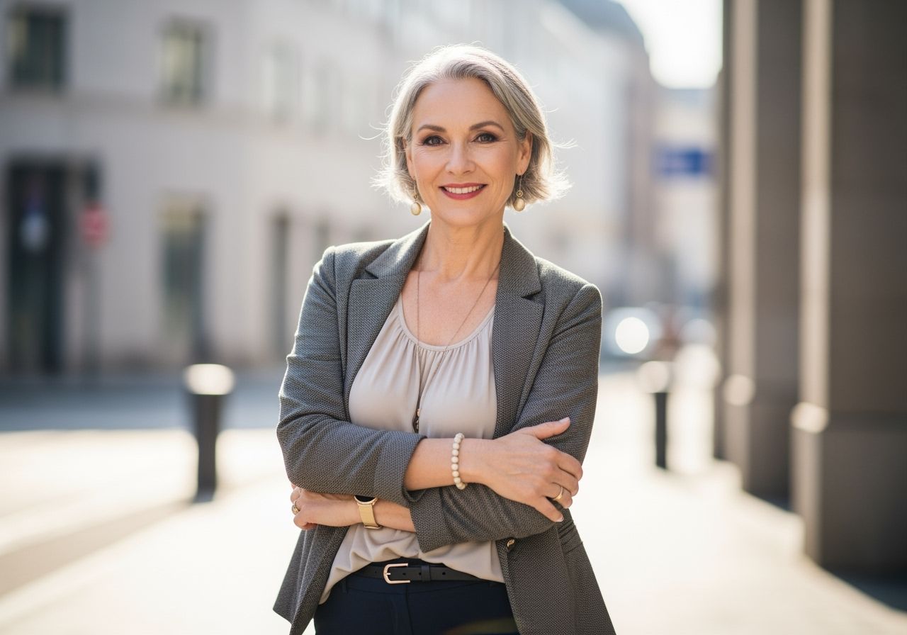 Dojrzała kobieta w modnym stroju na tle miejskim, uśmiechnięta, naturalne światło, szare włosy.