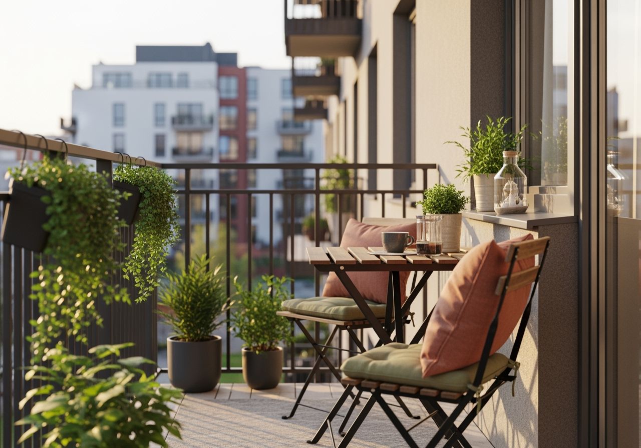 Wąski balkon z drewnianym stołem, krzesłami, poduszkami i zielonymi roślinami w miejskim mieszkaniu
