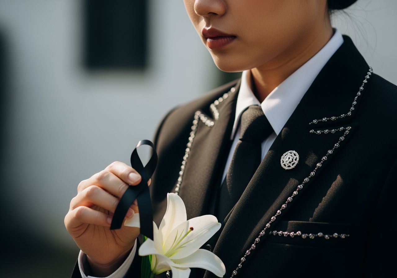 Osoba w tradycyjnym stroju żałobnym trzyma czarną wstążkę i białą lilię na rozmytym tle.