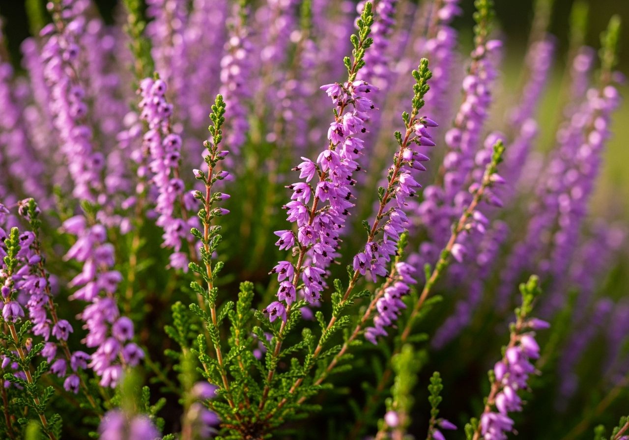 Zbliżenie na kwitnący wrzos pospolity z fioletowymi kwiatami i zielonymi liśćmi w naturalnym świetle