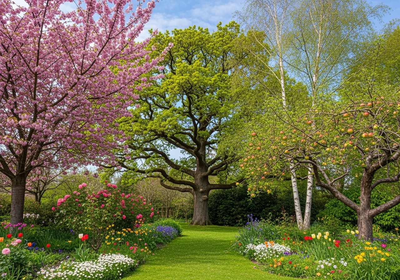 Ogród z drzewami: kwitnąca czereśnia, dąb, brzoza, jabłoń, trawa i kolorowe kwiaty pod niebem.
