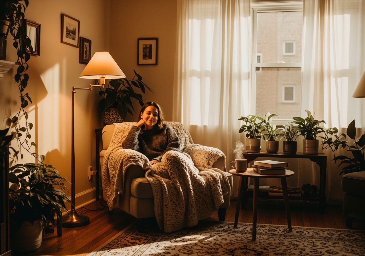 Osoba odpoczywająca w fotelu w przytulnym salonie przy świetle lampy i naturalnym słońcu.