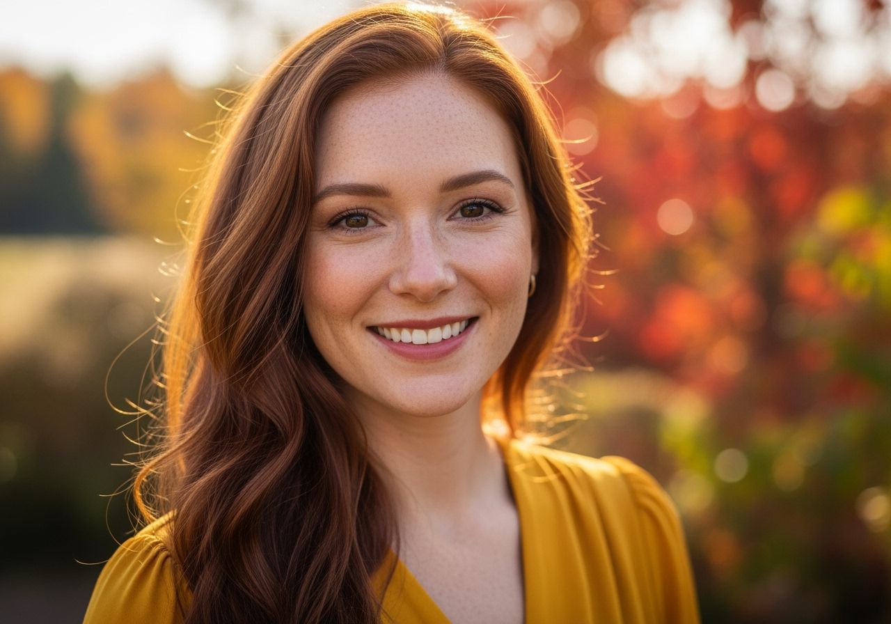 Portret uśmiechniętej rudowłosej kobiety w musztardowej sukience na tle jesiennym.