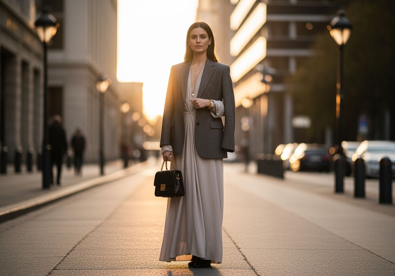 Kobieta w marynarce i długiej sukni stoi pewnie na ulicy w miejskim otoczeniu przy złotej godzinie