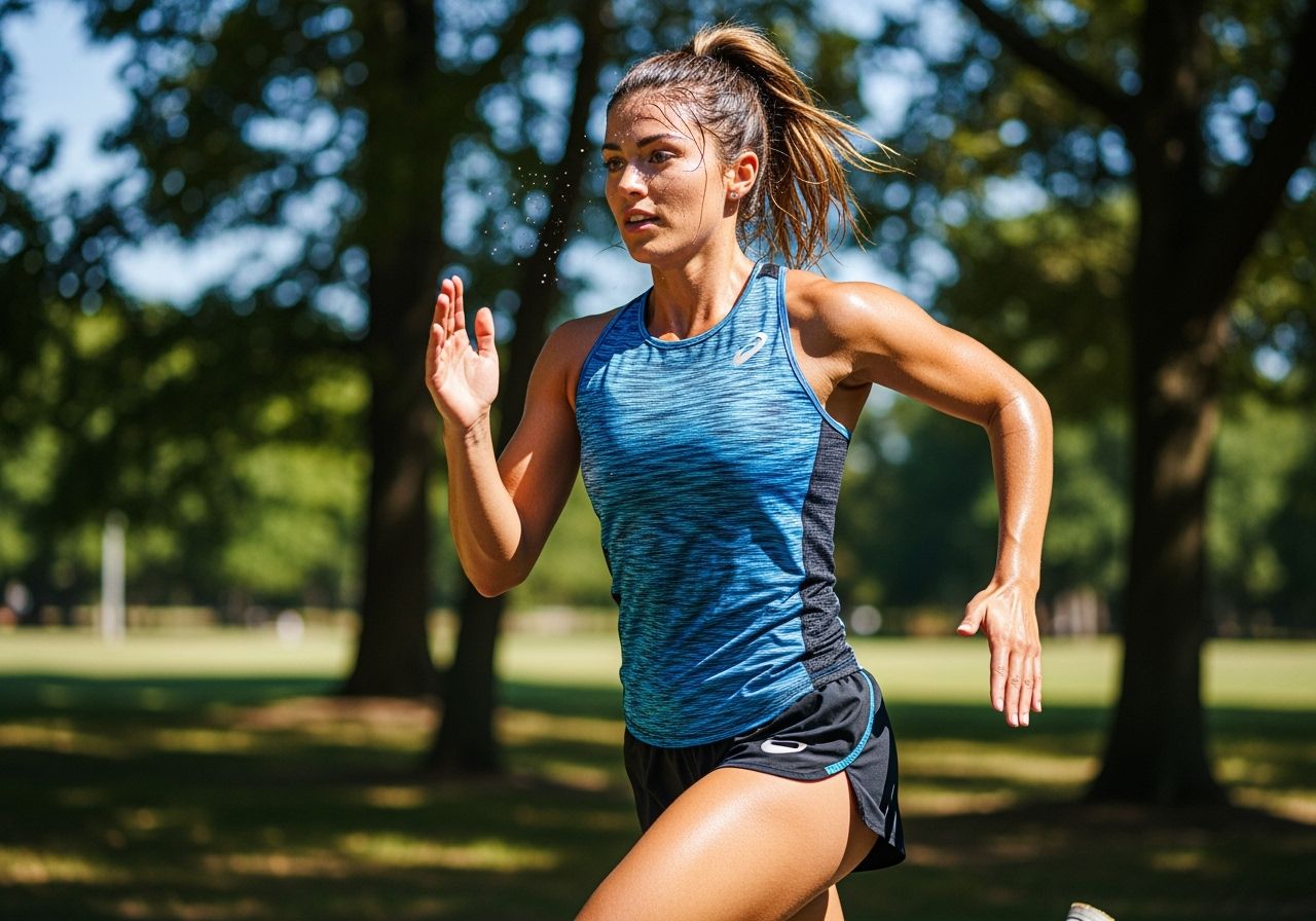Młoda kobieta biegnie w parku w lekkiej sportowej odzieży na słonecznym tle.