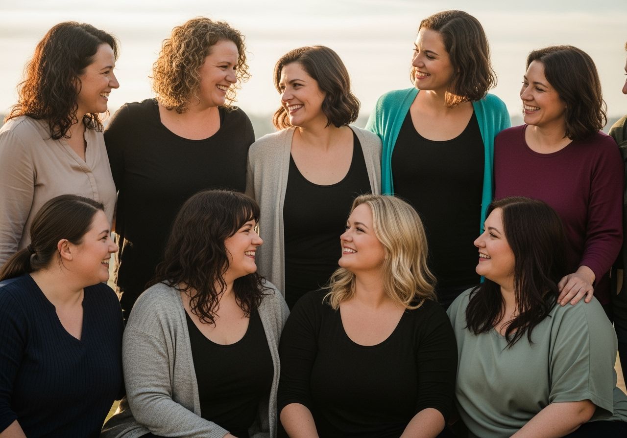 Grupa kobiet różnego wieku i sylwetek na zewnątrz, uśmiechnięte i rozmawiające w naturalnym świetle.