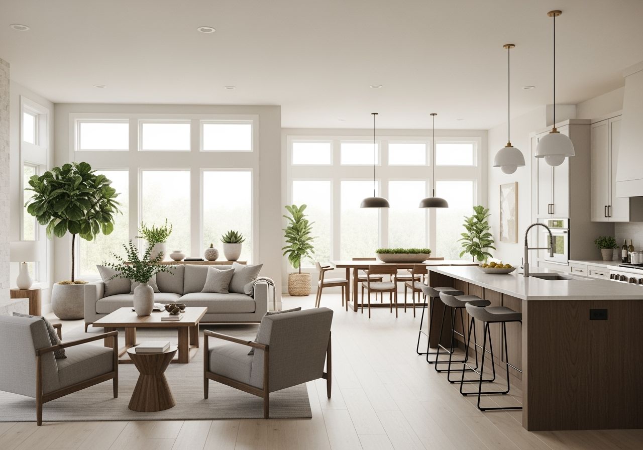 jasne, nowoczesne wnętrze z przestronną kuchnią, jadalnią i salonem w otwartym układzie, naturalne światło