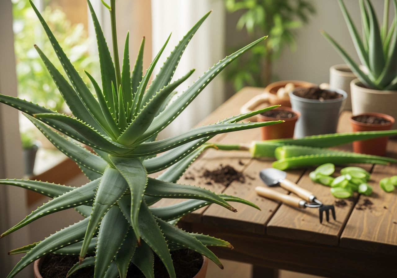 Zdjęcie wysokiej aloesu z grubymi liśćmi na drewnianym stole z narzędziami ogrodniczymi.