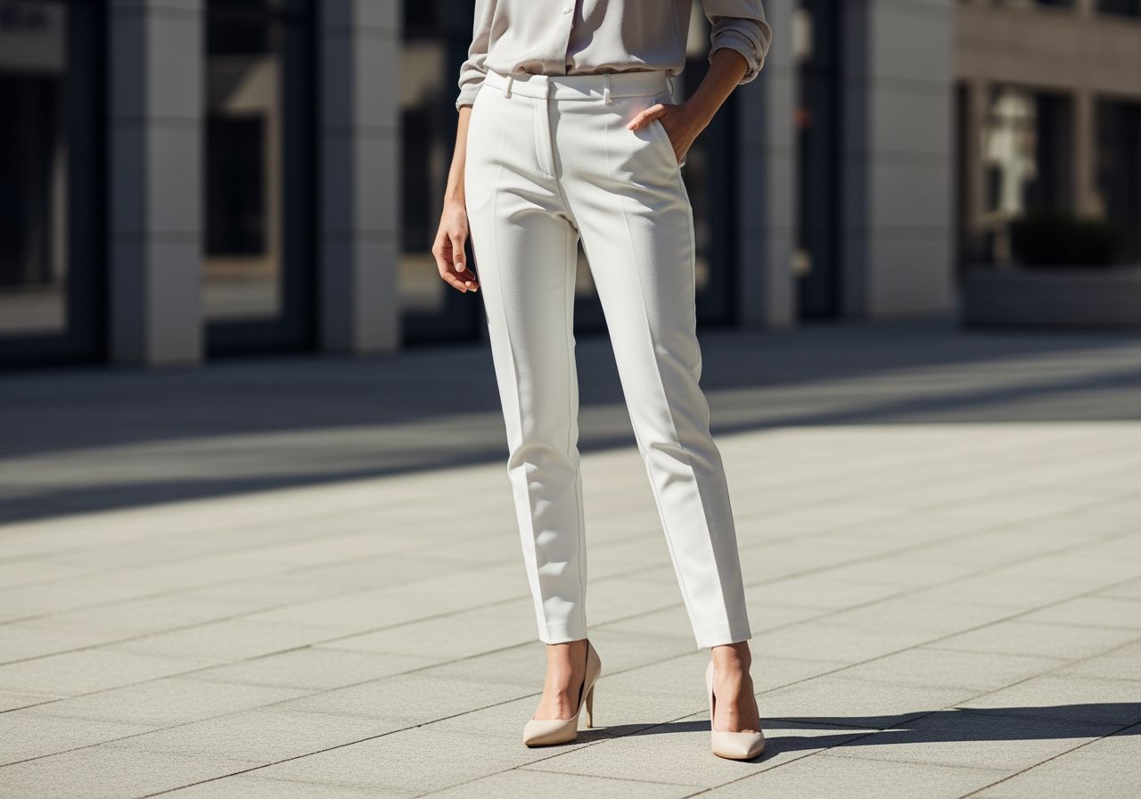 Kobieta w białych spodniach i jasnej bluzce stoi w nowoczesnym miejskim otoczeniu na tle rozmytym.