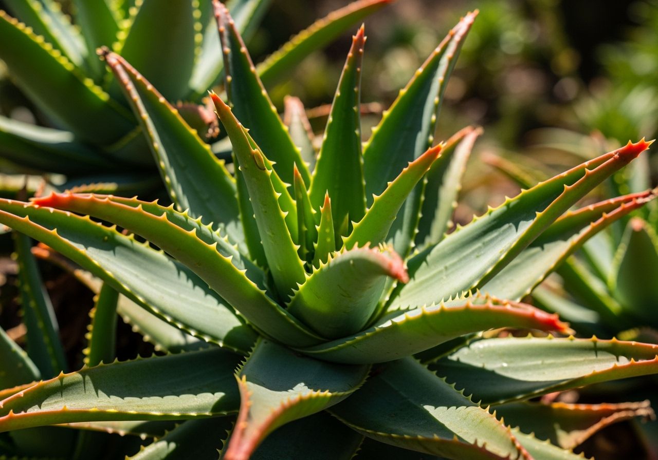 Zbliżenie zielonej rośliny aloes arborescens na tle ogrodu w naturalnym świetle, liście ułożone w różę