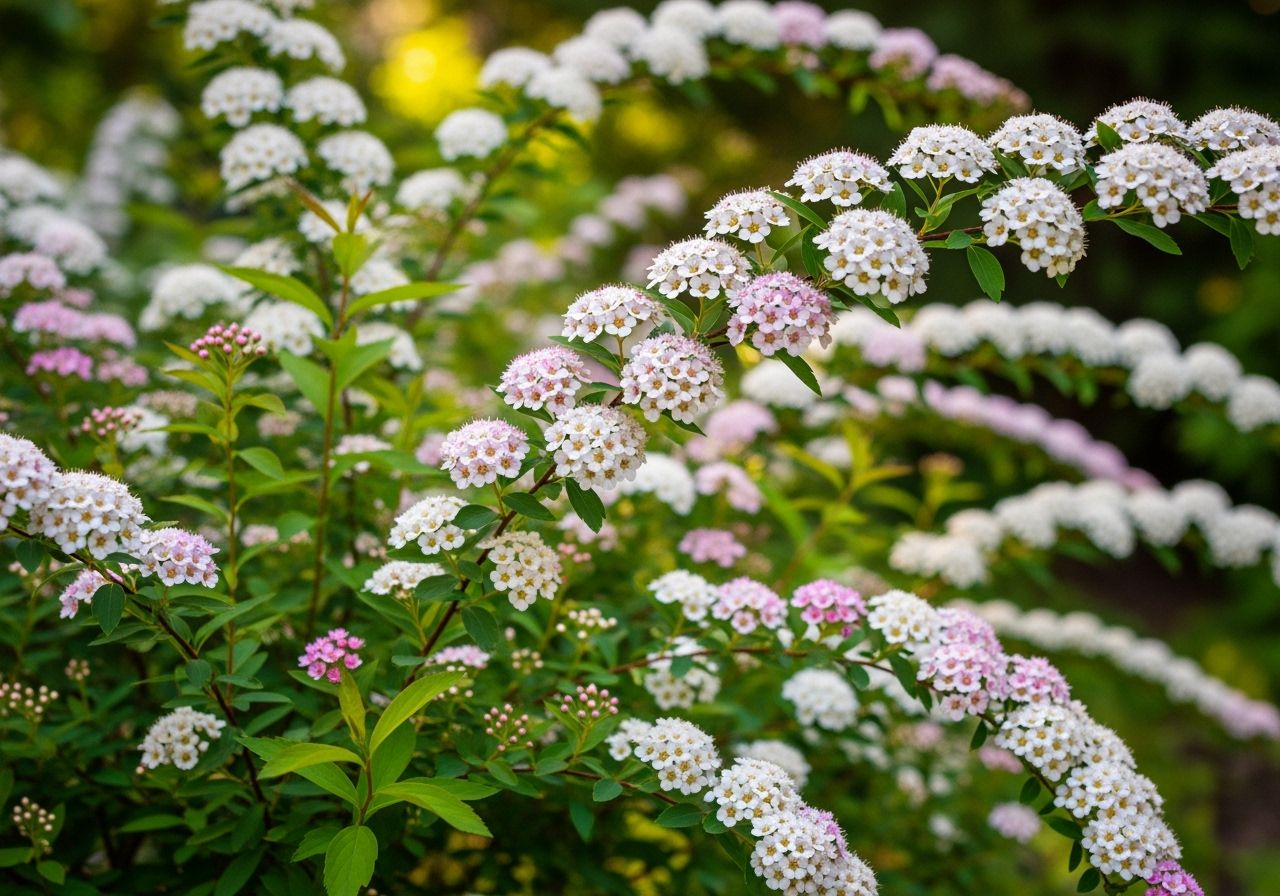 close up kwitnące krzewy tawuły z białymi i różowymi kwiatami w naturalnym ogrodzie przy miękkim świetle