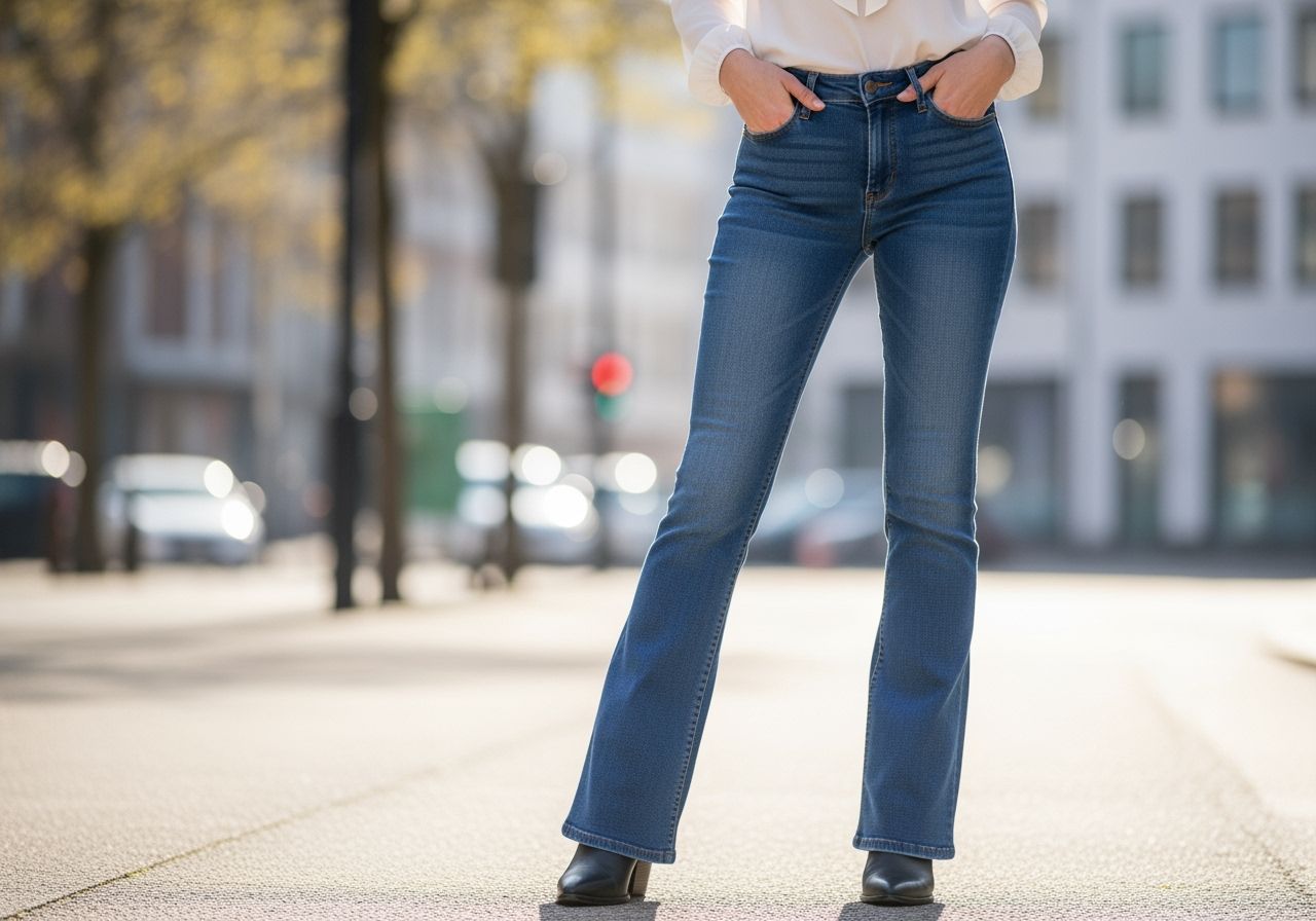 Młoda kobieta w dżinsach bootcut i białej bluzce stoi na tle miejskiej ulicy w naturalnym świetle.