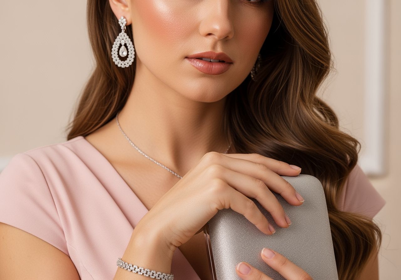 Kobieta w pudrowej sukni wieczorowej z srebrną biżuterią i kopertówką na kremowym tle