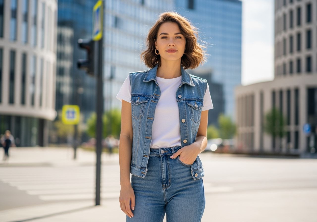 Młoda kobieta w jeansowej kamizelce i białym t-shircie na miejskiej ulicy, krótkie falowane włosy, uśmiech