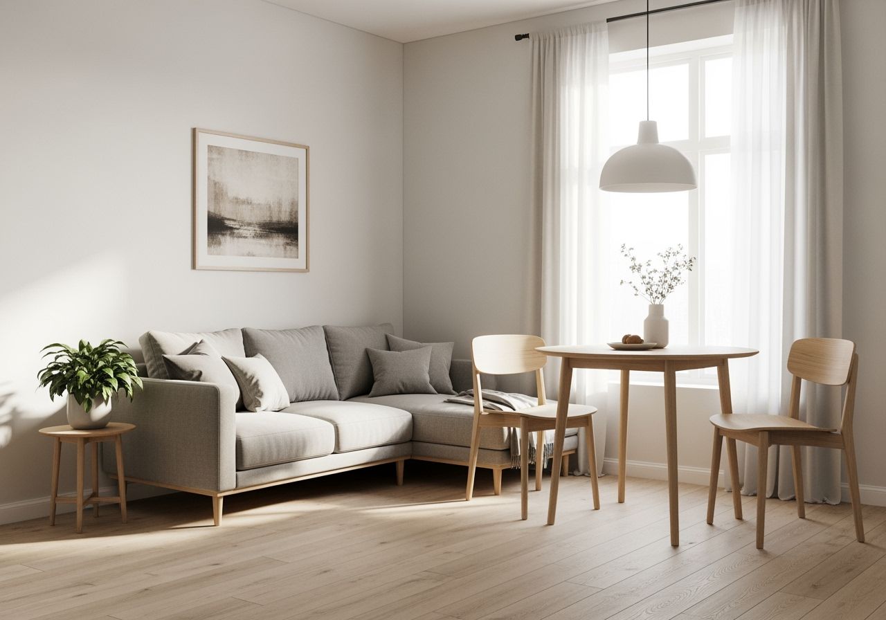 Mały salon z narożną sofą i małym stołem, jasne naturalne światło, drewniana podłoga, minimalistyczny układ