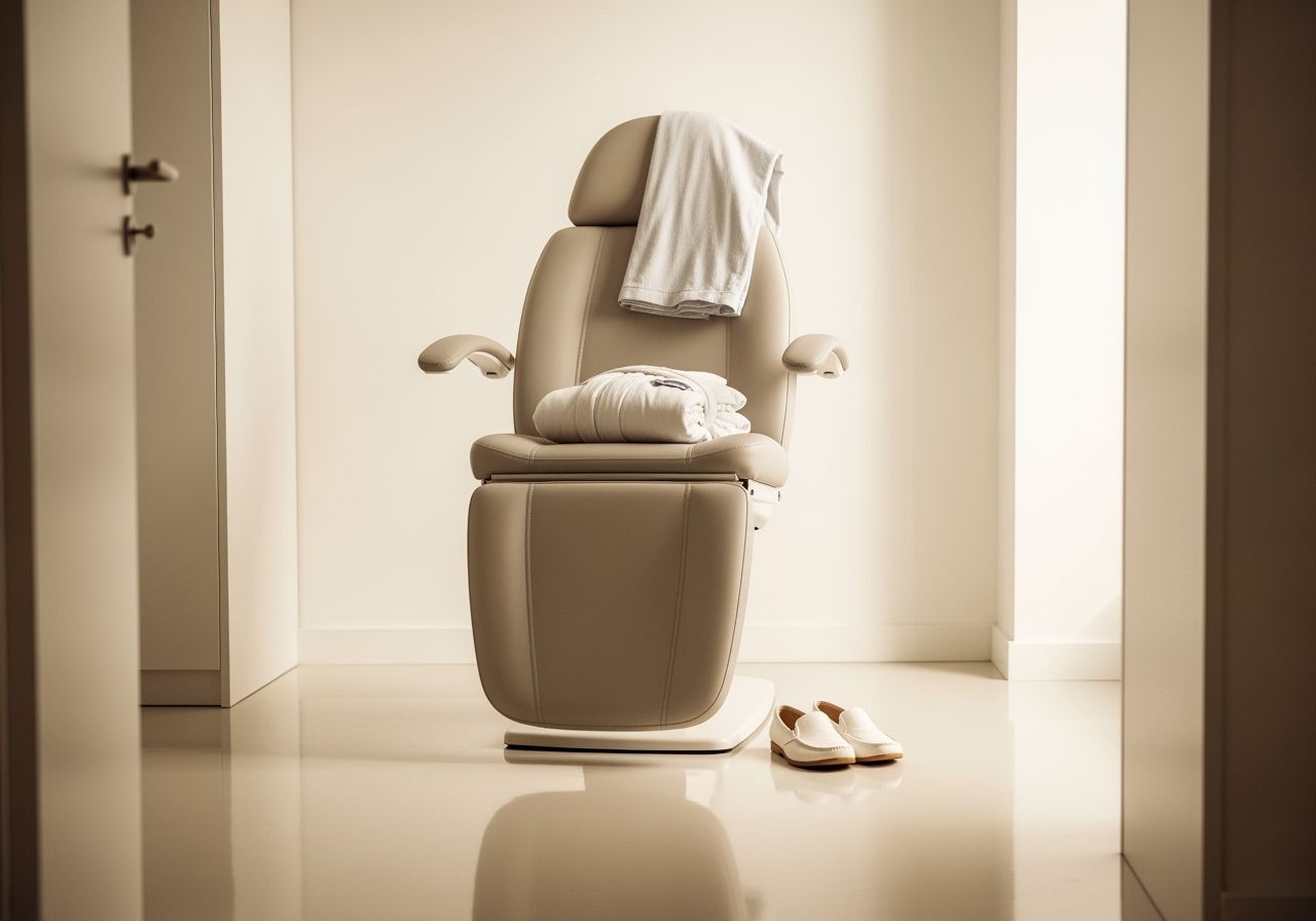 Nowoczesny, spokojny gabinet lekarski z fotelikiem, białą szatą i damskimi butami na podłodze