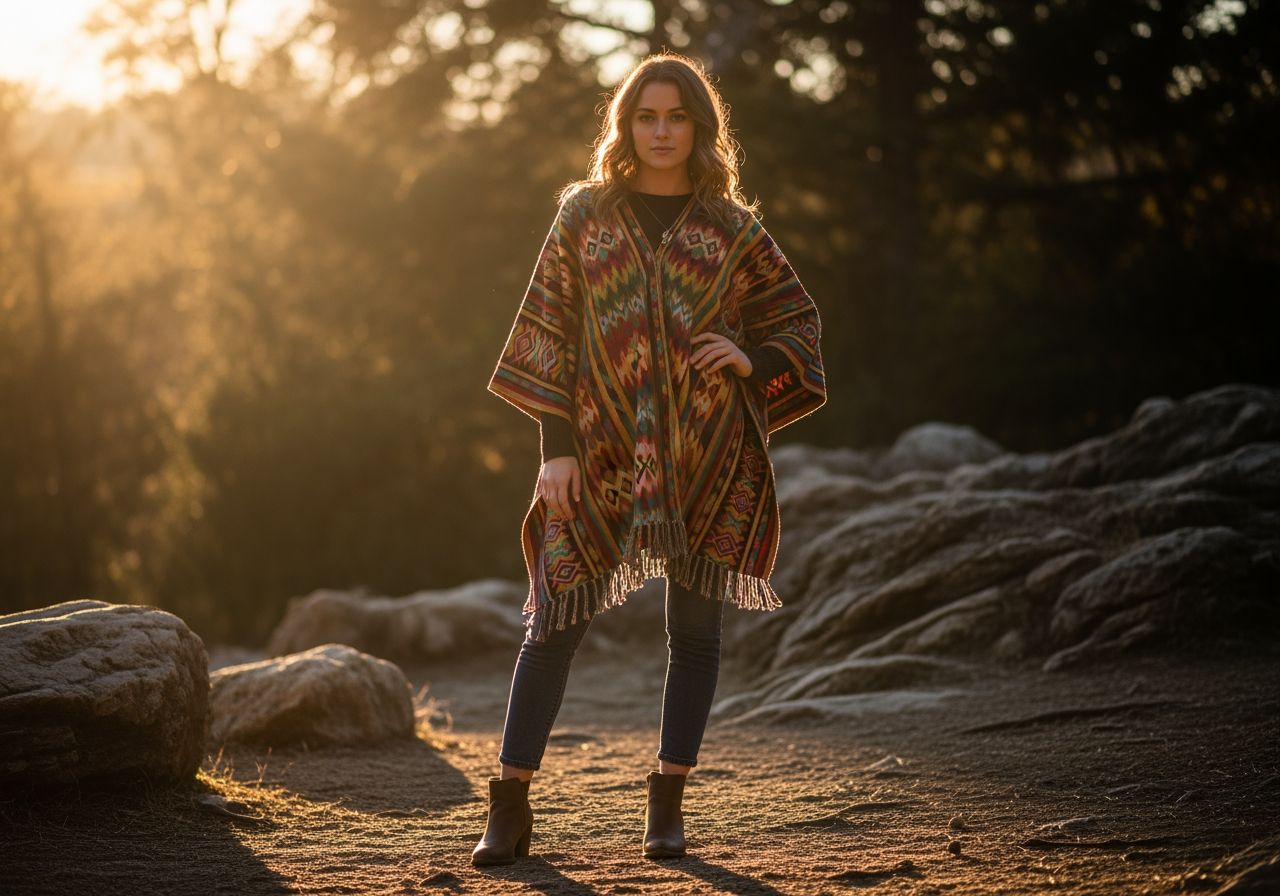 Młoda kobieta w kolorowym ponczu z geometrycznym wzorem na tle natury podczas złotej godziny