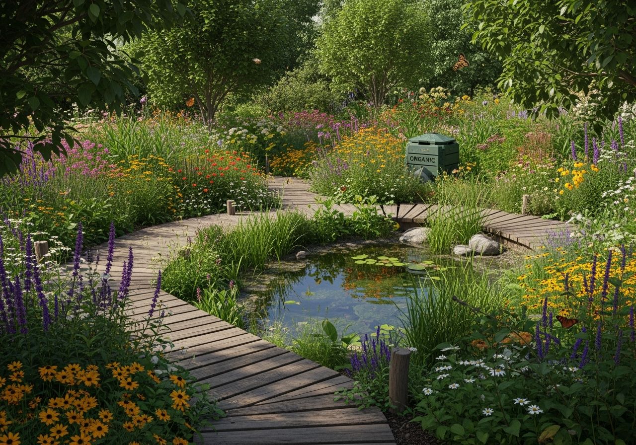 ogród naturalistyczny z rodzimymi roślinami, drewnianymi ścieżkami, stawem i owadami zapylającymi