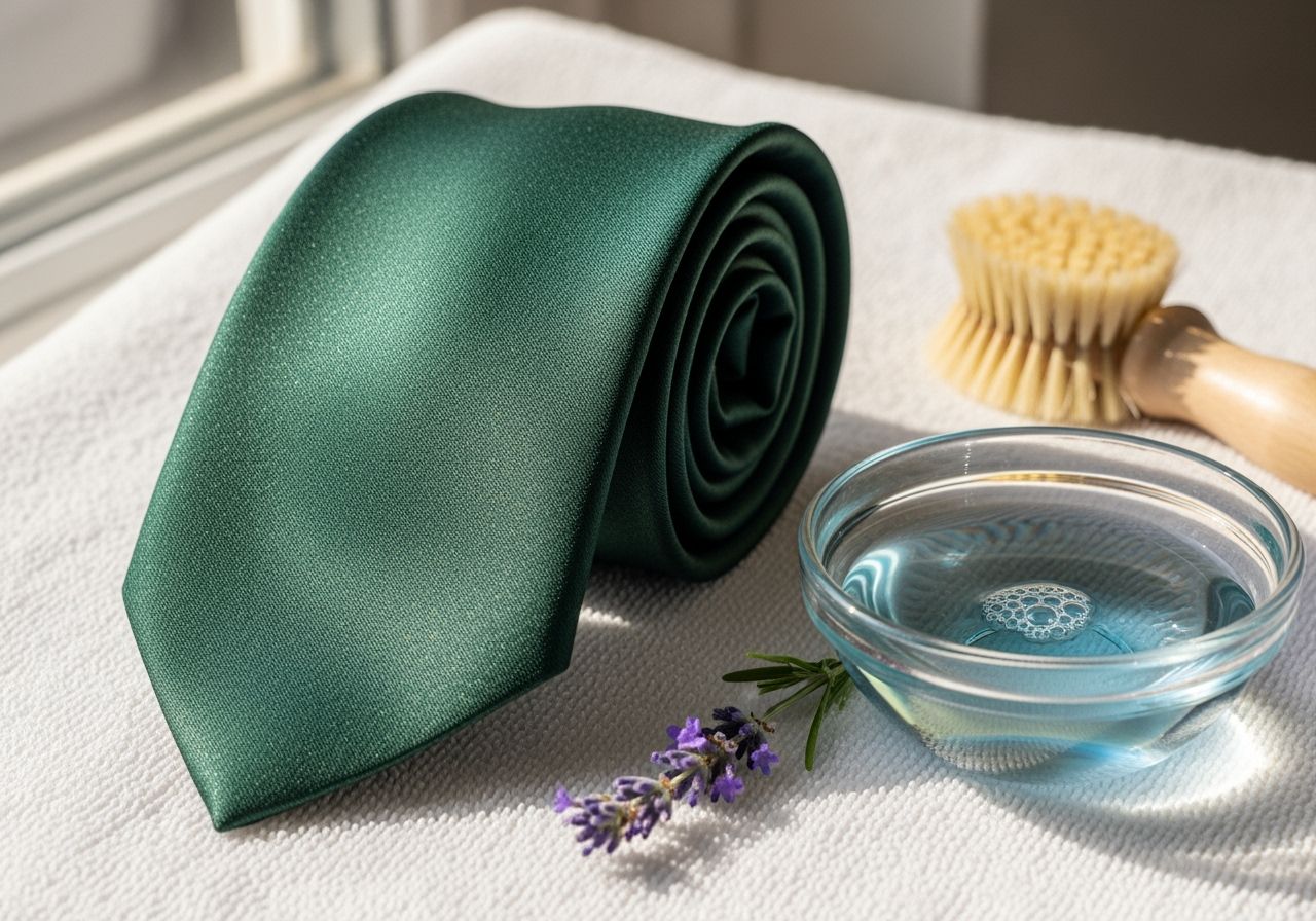 Złożony jedwabny krawat obok miski z detergentem, szczotki i lawendy na tle umywalki z kroplami wody