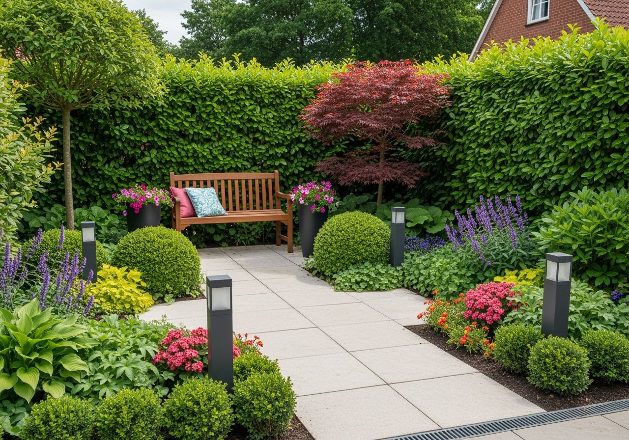 Mały ogród przed domem z kamienną ścieżką, ławką i rabatami kwiatów oraz krzewami w naturalnym świetle.