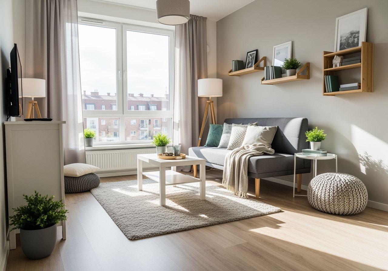 Nowoczesny mały salon w bloku z naturalnym światłem, schludnym układem i funkcjonalnymi meblami w stylu skandynawskim